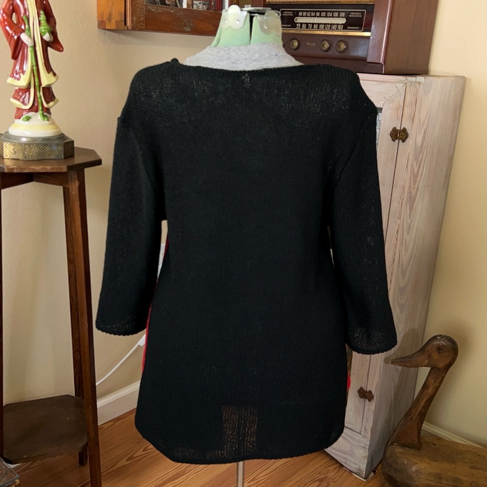 Vintage Red and Black Asymmetrical color block Linen Knit Sheer Mesh Top - Picture 4 of 8